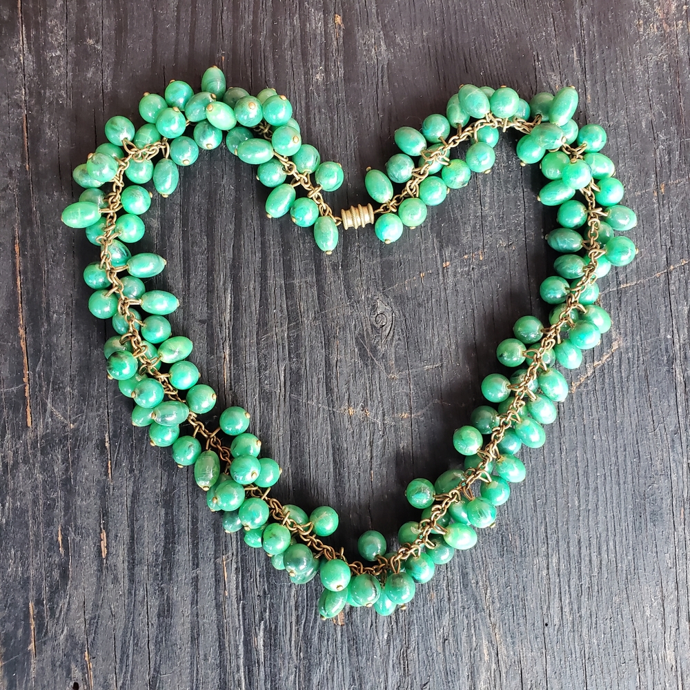 Vintage Green Beaded Necklace, Boho Hanmade Necklace